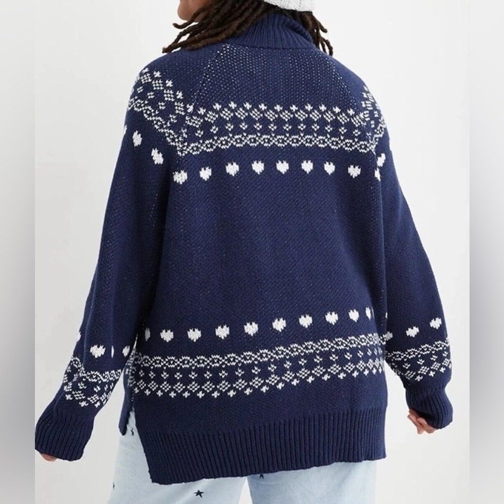 Aerie Festive Vibes Quarter Zip Love Fair Isle Sweater Womens XS Blue - Picture 2 of 7